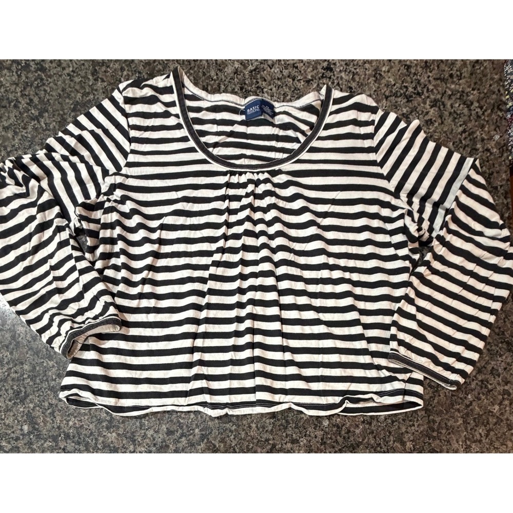 Basic Editions Womens 2X Black White Striped Long Sleeve Cotton Top Scoop Neck